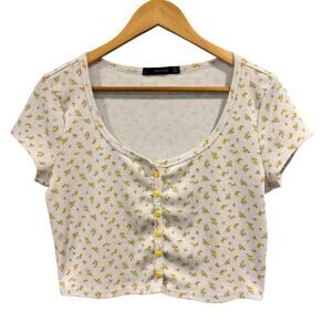 Y2K floral button crop tee top, white and yellow, heart buttons, size large